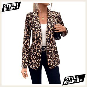 Leopard Print Long Sleeve Lapel Collar Blazer Jacket for Work